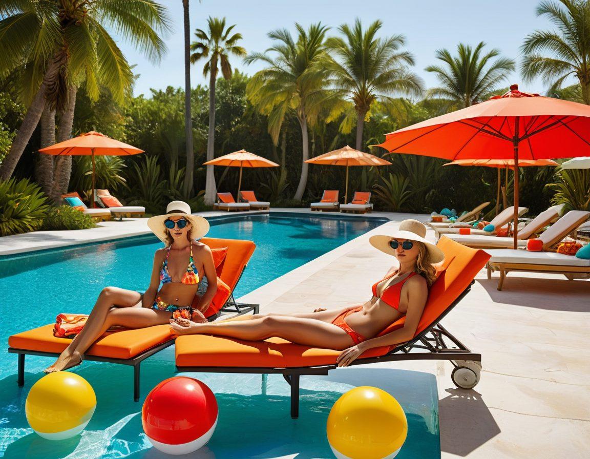 A luxurious poolside scene featuring glamorous celebrities in stunning swimwear, lounging on stylish sunbeds under colorful umbrellas, sipping cocktails. The background showcases palm trees and a sparkling blue pool reflecting the sunlight, while fashion-forward accessories and playful beach balls add vibrancy. Capture the essence of glamour and summer fun. super-realistic. vibrant colors. beach setting.