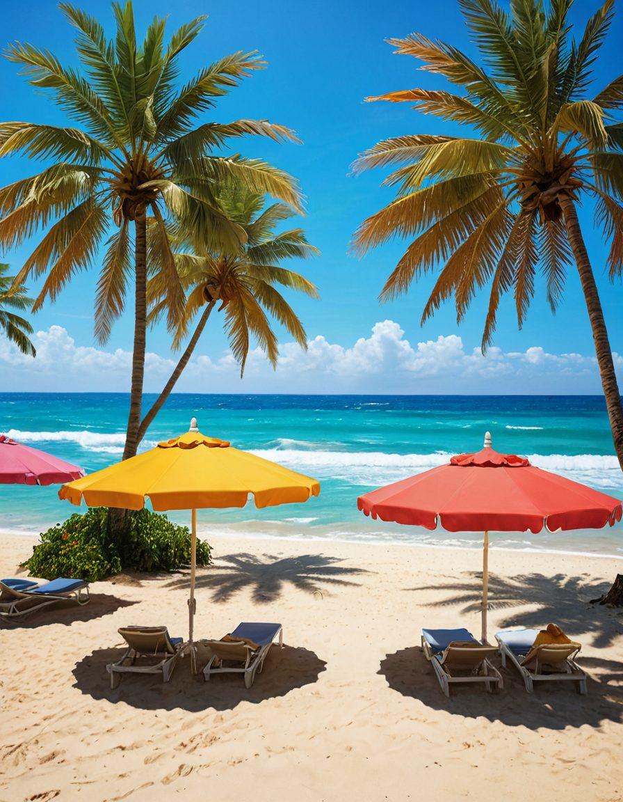 A glamorous beach scene featuring stylish celebrities flaunting trendy bikinis under a bright sun. Include vibrant beach umbrellas, palm trees swaying gently in the breeze, and a splash of ocean waves capturing the fun and excitement of summer fashion. The scene should convey sophistication and carefree vibes, with an emphasis on diverse styles and body types. super-realistic. vibrant colors. sunny background.